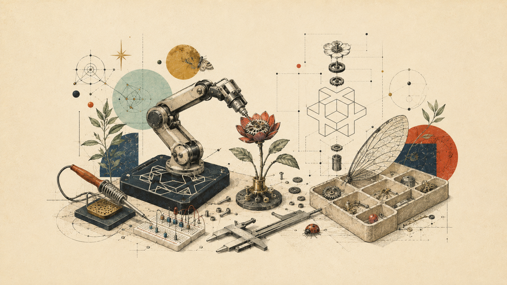 Archival collage of a robotic arm assembling a mechanical flower in a workshop