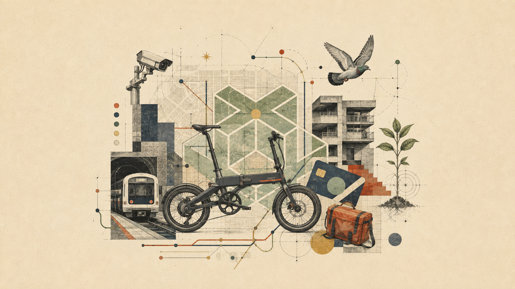 Archival collage of transit systems, a bicycle and city infrastructure in motion