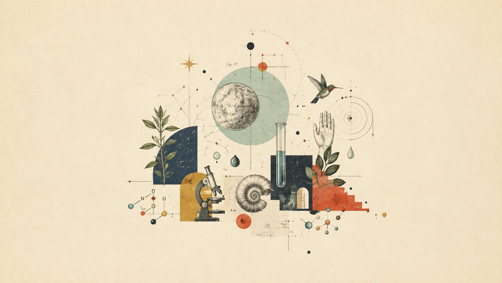 Archival collage of a microscope, test tube, moon, hummingbird and molecular diagrams